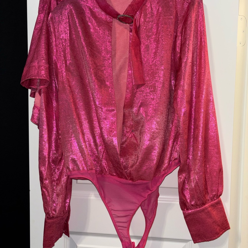 AKIRA Metallic Hot Pink Rhinestone-Accent Bodysuit Top